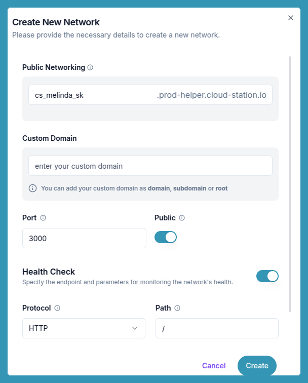 Create new network modal